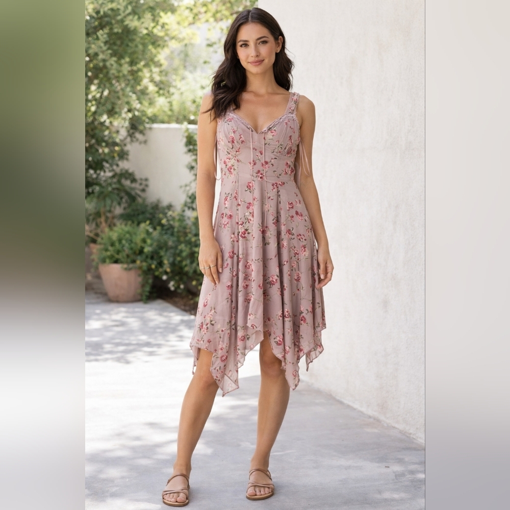 Kirious Los Angeles Floral Dress Small Pink Rose Sleeveless Babydoll Flowy NWT.